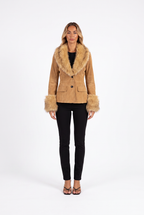 Camel suede-look blazer with faux fur collar and cuffs — front