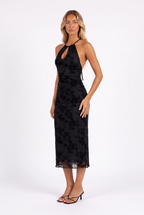 Black flocked floral halter midi dress — three-quarter