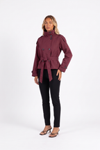 Wine red cropped double-breasted belted trench jacket — three-quarter