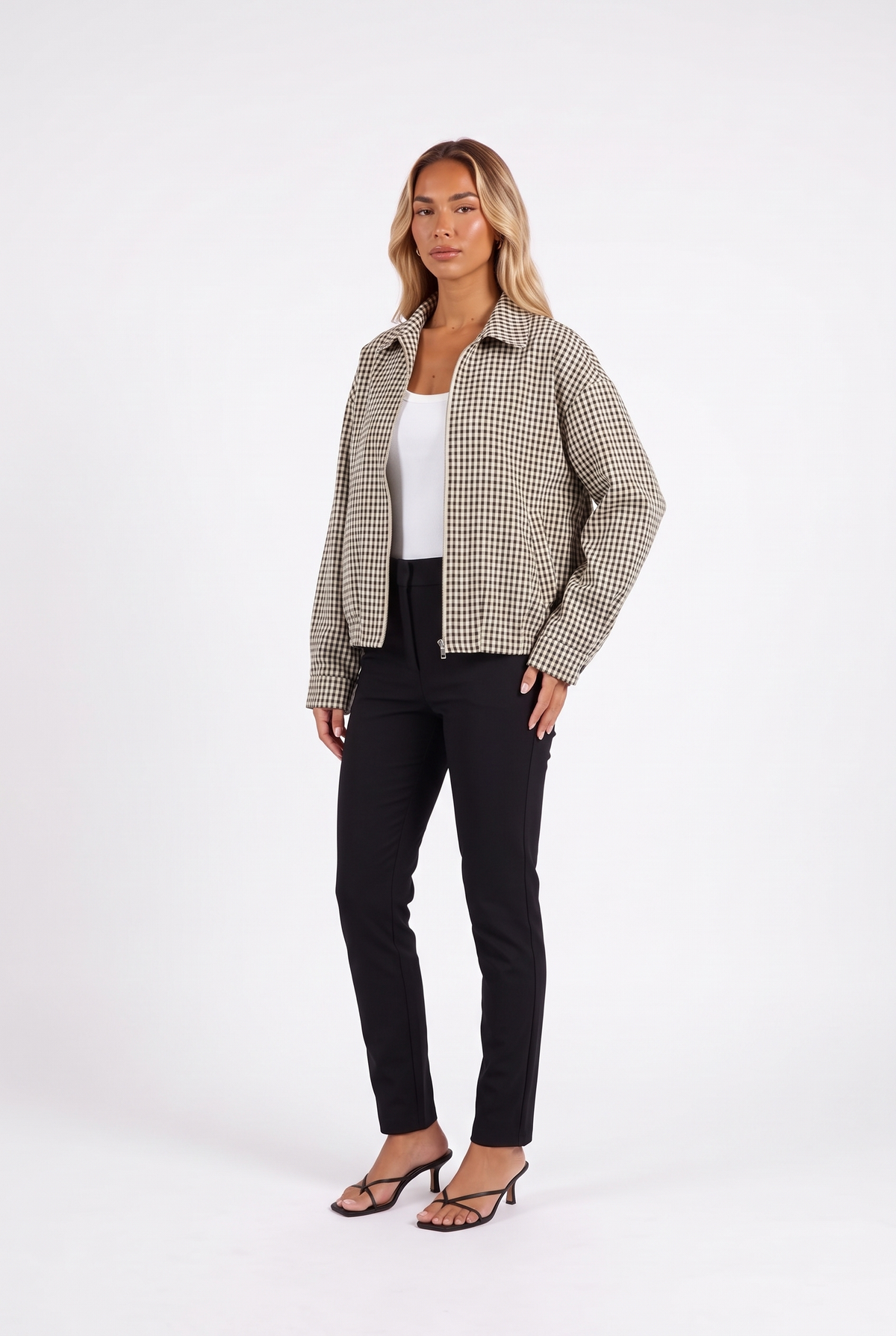 Black and cream gingham cropped zip jacket — three-quarter