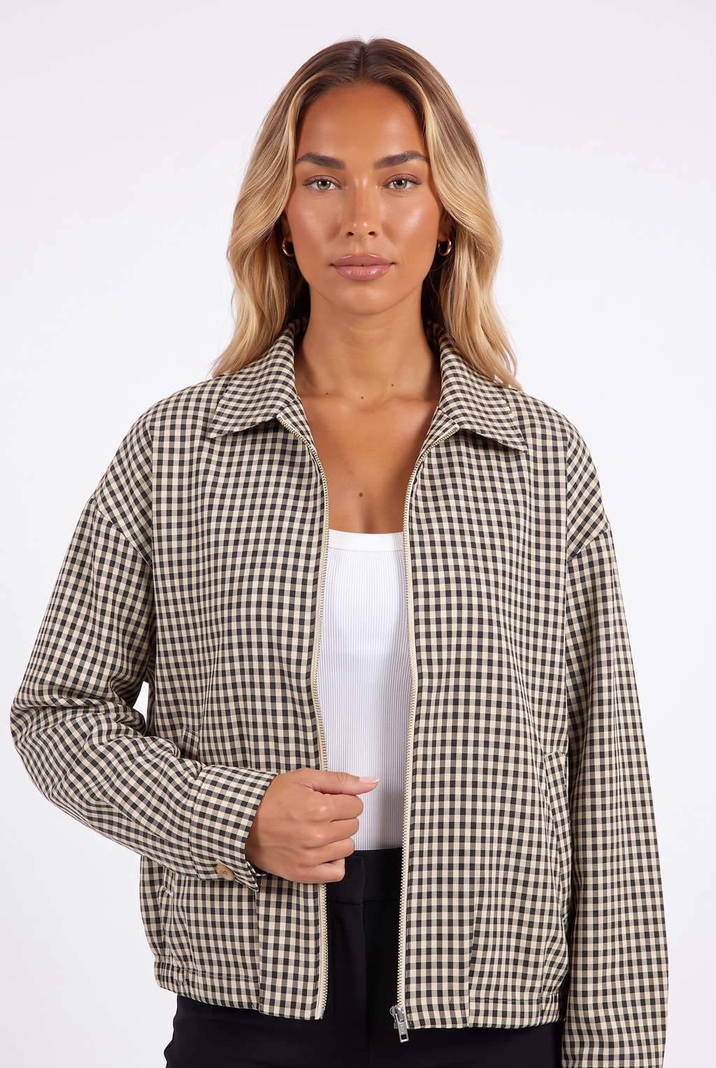 Black and cream gingham cropped zip jacket — collar, zip and cuff detail
