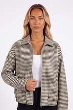 Black and cream gingham cropped zip jacket — collar, zip and cuff detail