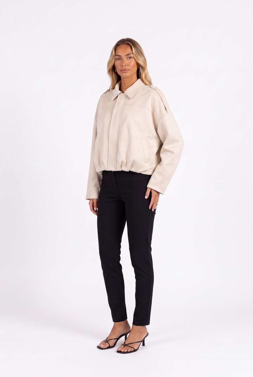 Cream faux-suede cropped bomber with epaulettes — three-quarter