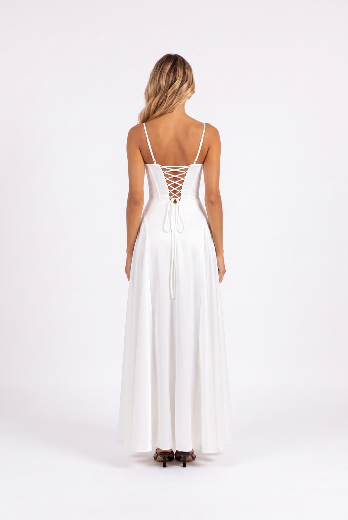 White satin corset-bodice A-line maxi gown — lace-up corset back
