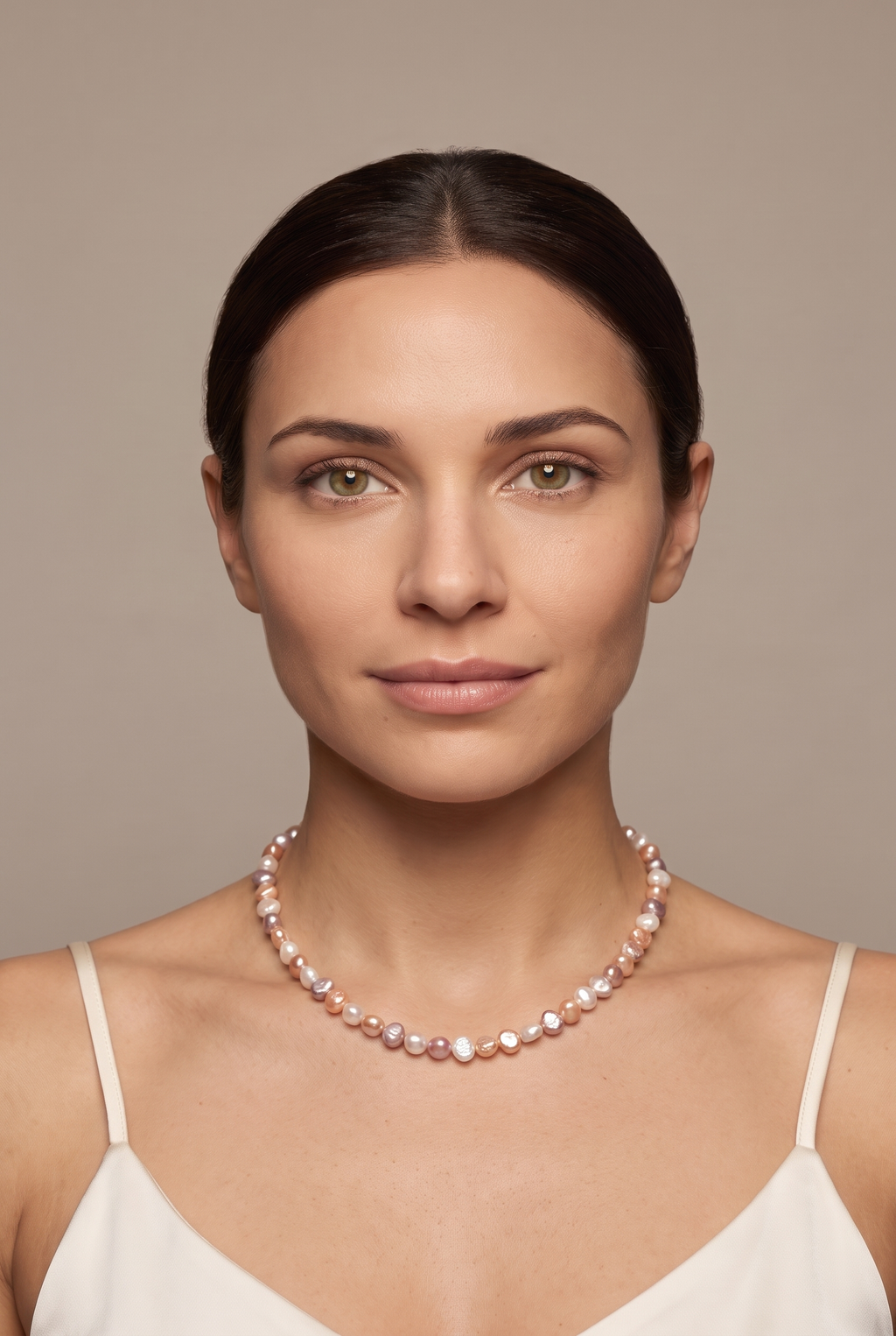 Mixed-colour baroque pearl necklace worn on the neck