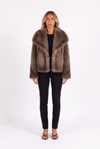 Cream fluffy faux fur jacket with oversized shawl collar in brown gradient — front