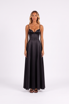Satin corset lace-up-back maxi dress in Black — front